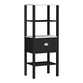 Alchemy Tall Shelf Unit - Matt Black Finish, Display Shelves, Drawer with Brushed Brass Cup Pull