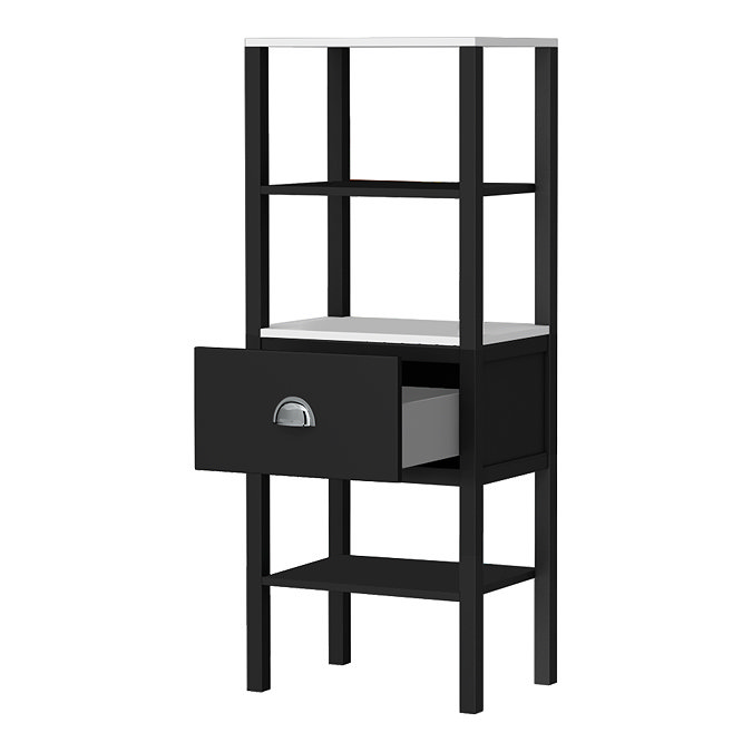 Alchemy Tall Shelf Unit - Matt Black Finish, Display Shelves, Drawer with Chrome Cup Pull