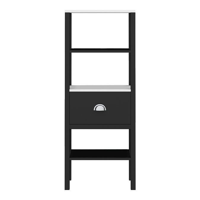 Alchemy Tall Shelf Unit - Matt Black Finish, Display Shelves, Drawer with Chrome Cup Pull