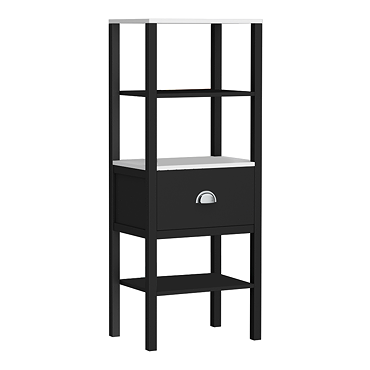 Alchemy Tall Shelf Unit - Matt Black Finish, Display Shelves, Drawer with Chrome Cup Pull