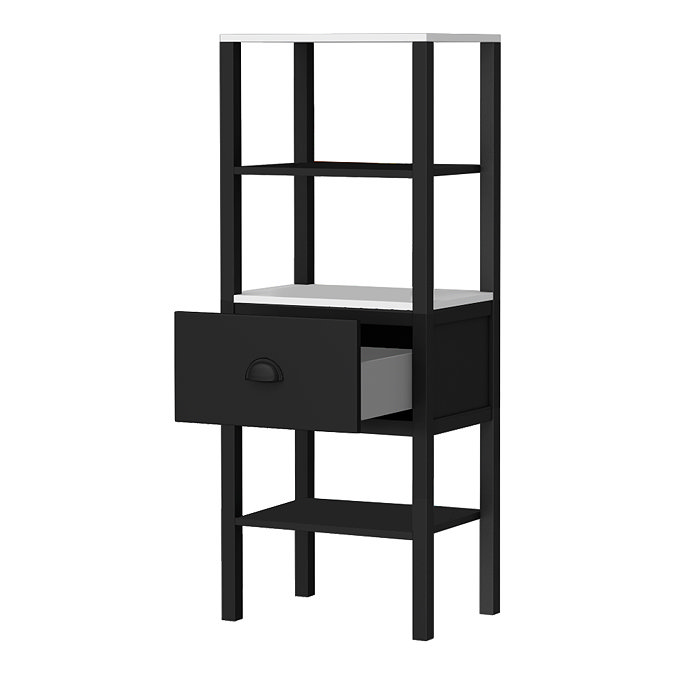 Alchemy Tall Shelf Unit - Matt Black Finish, Display Shelves, Drawer with Matt Black Cup Pull