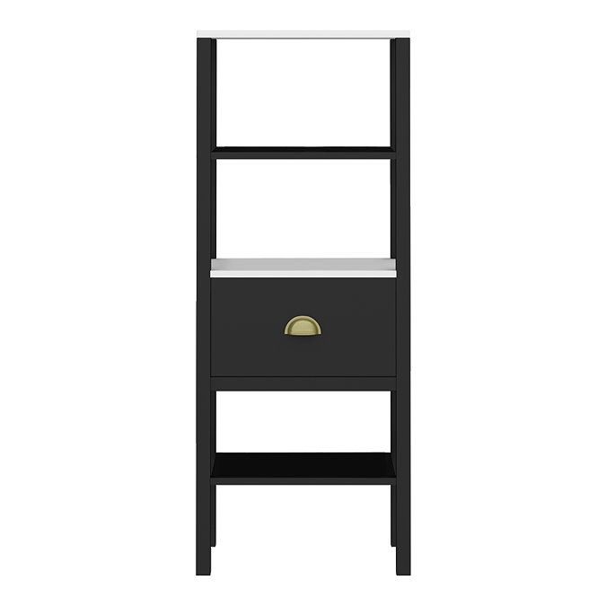 Alchemy Tall Shelf Unit - Matt Black Finish, Display Shelves, Drawer with Antique Brass Cup Pull