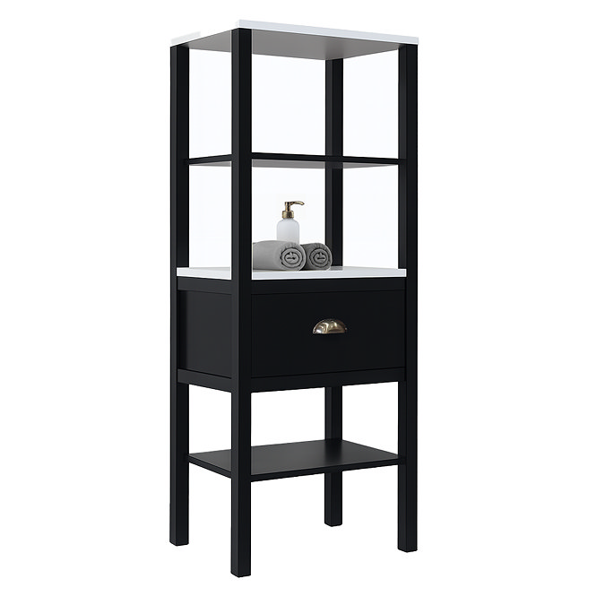 Alchemy Tall Shelf Unit - Matt Black Finish, Display Shelves, Drawer with Antique Brass Cup Pull