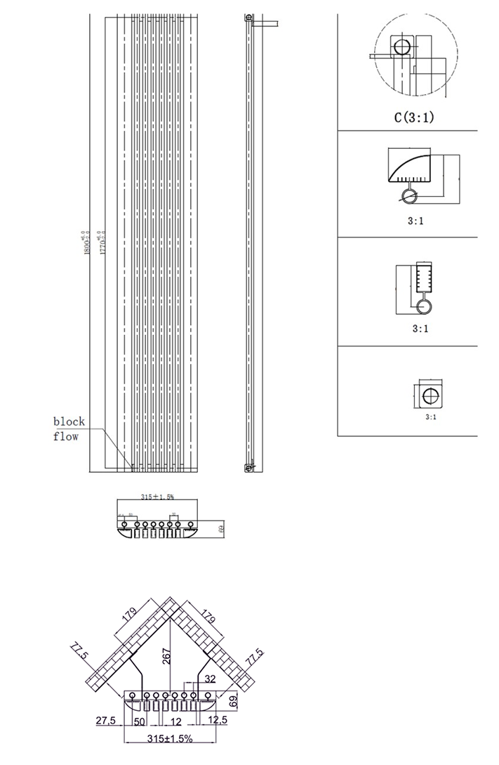 Anthracite Corner Vertical Column Aluminium Radiator 1800 x 315mm