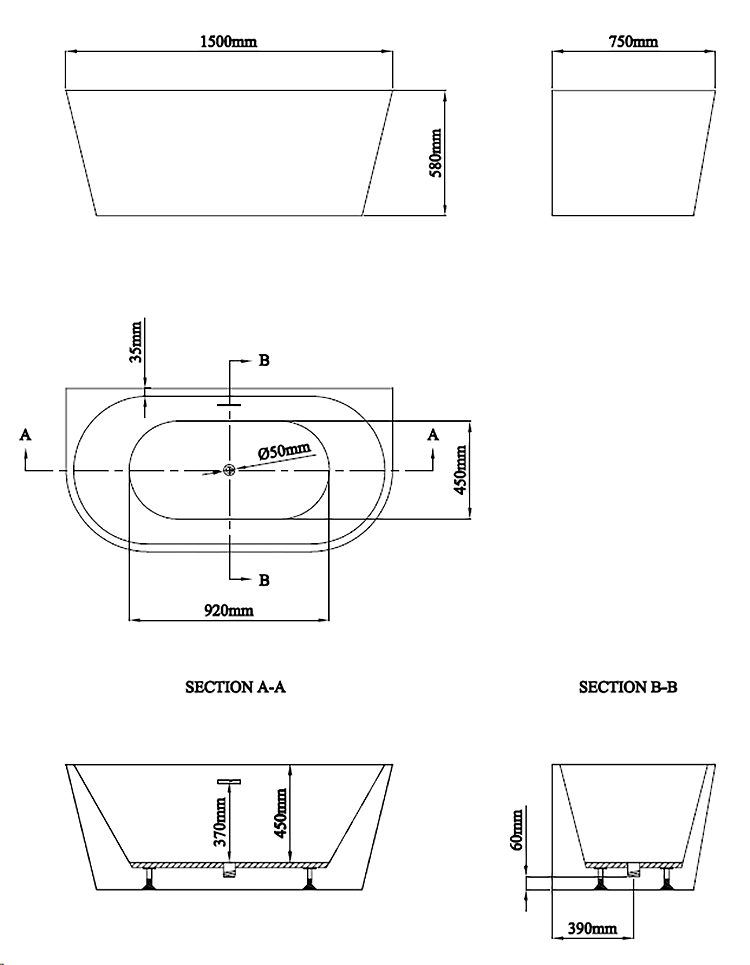 Apollo 1500 x 750mm Small Back To Wall Modern Curved Bath