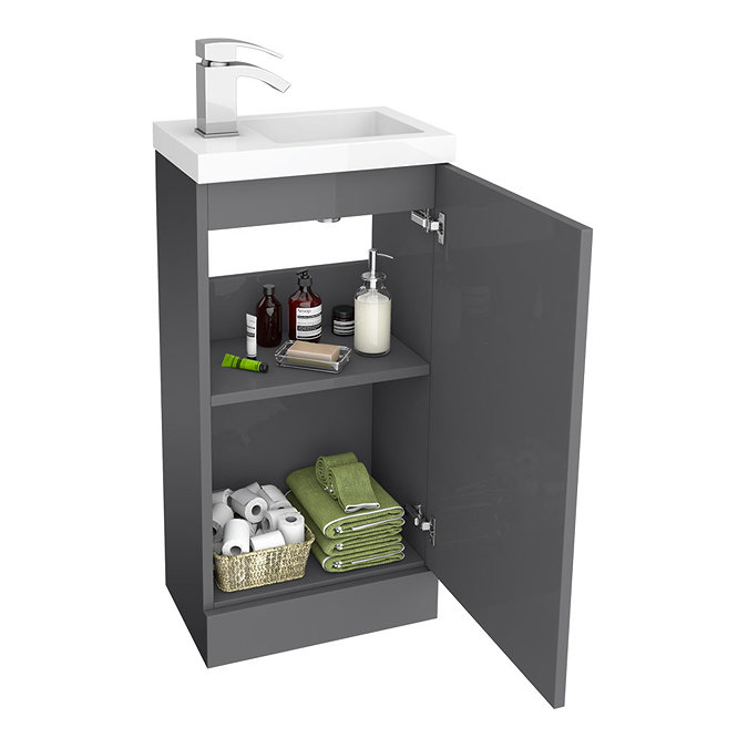 Apollo2 405mm Gloss Grey Compact Floor Standing Vanity Unit w. Matt Black Handle  Feature Large Imag