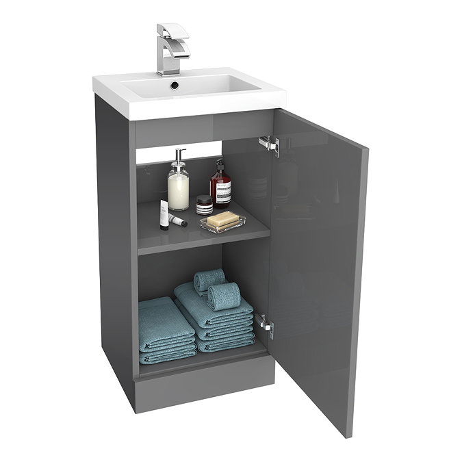 Apollo2 405mm Gloss Grey Floor Standing Vanity Unit w. Matt Black Handle Feature Large Image