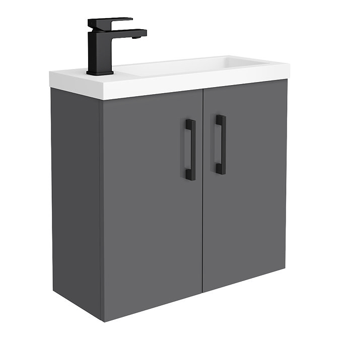 Apollo2 605mm Gloss Grey Compact Wall Hung Vanity Unit w. Matt Black Handles Large Image