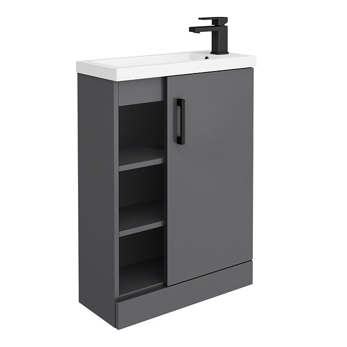 Apollo2 605mm Gloss Grey Open Shelf Compact Floor Standing Vanity Unit w. Matt Black Handle Large Im