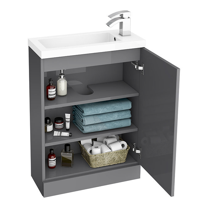 Apollo2 605mm Gloss Grey Open Shelf Compact Floor Standing Vanity Unit  Feature Large Image