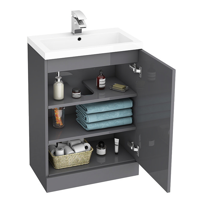 Apollo2 605mm Gloss Grey Open Shelf Floor Standing Vanity Unit w. Matt Black Handle  Feature Large I