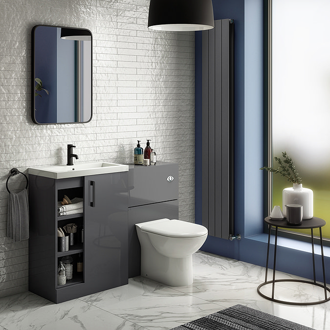 Apollo2 605mm Gloss Grey Open Shelf Floor Standing Vanity Unit w. Matt Black Handle  Standard Large 