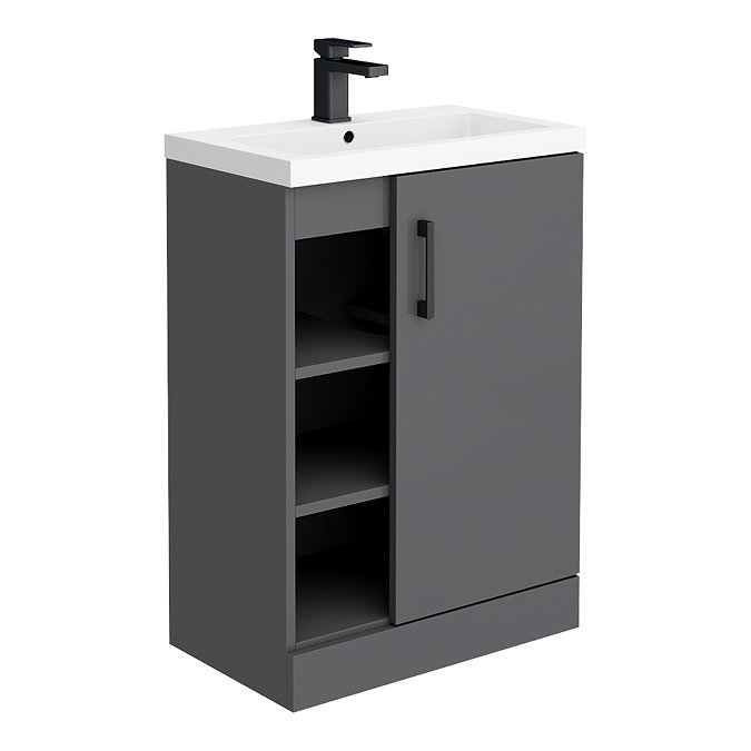 Apollo2 605mm Gloss Grey Open Shelf Floor Standing Vanity Unit w. Matt Black Handles Large Image