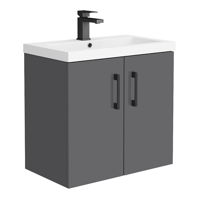 Apollo2 605mm Gloss Grey Wall Hung Vanity Unit w. Matt Black Handles Large Image