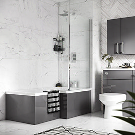 Apollo2 RH Shower Bath - 1700mm L Shaped with Screen + Gloss Grey Panel Large Image