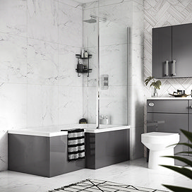 Apollo2 RH Shower Bath - 1700mm L Shaped with Screen + Gloss Grey Panel Large Image