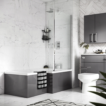 Apollo2 Shower Bath - 1700mm L Shaped with Screen + Gloss Grey Panel  Profile Large Image