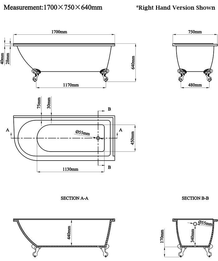 Appleby 1700 Roll Top Shower Bath with Brushed Brass Screen + Leg Set