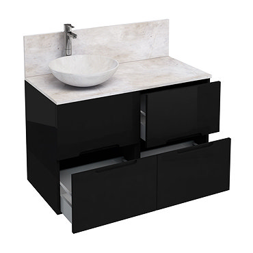 Aqua Cabinets - D1000 Floor Standing Double Drawer Unit with Marble Round Basin - Black Profile Larg