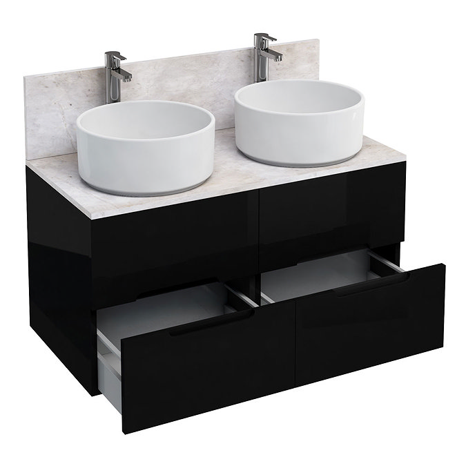 Aqua Cabinets - D1000 Floor Standing Double Drawer Unit with Two Ceramic Round Basins - Black Large 