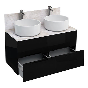 Aqua Cabinets - D1000 Floor Standing Double Drawer Unit with Two Ceramic Round Basins - Black Profil