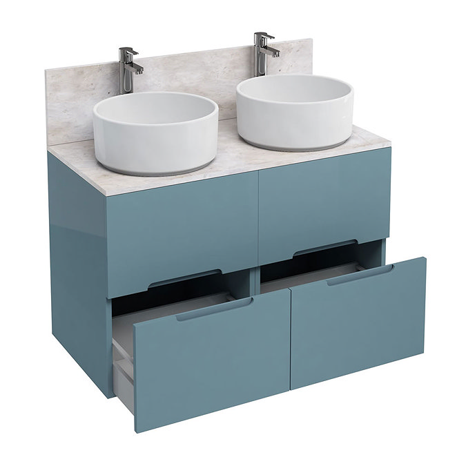 Aqua Cabinets - D1000 Floor Standing Double Drawer Unit with Two Ceramic Round Basins - Ocean Large 
