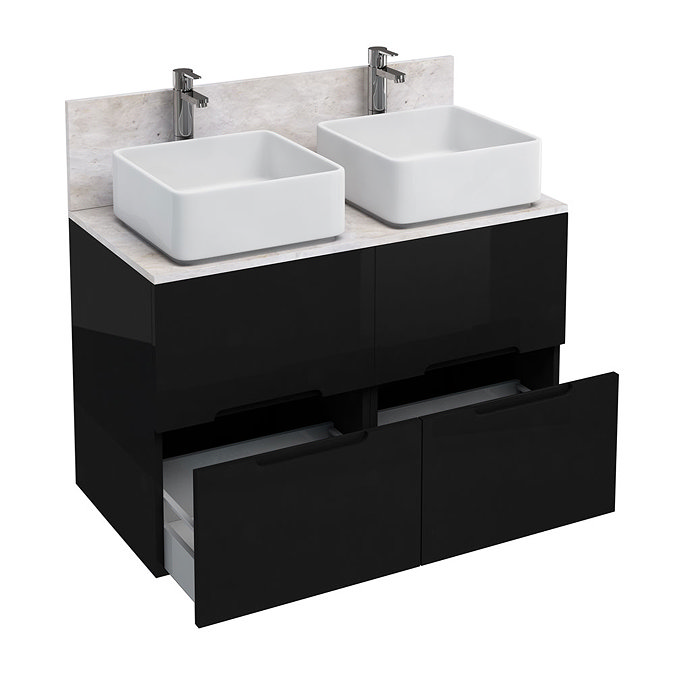 Aqua Cabinets - D1000 Floor Standing Double Drawer Unit with Two Ceramic Square Basins - Black Large
