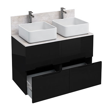 Aqua Cabinets - D1000 Floor Standing Double Drawer Unit with Two Ceramic Square Basins - Black Profi