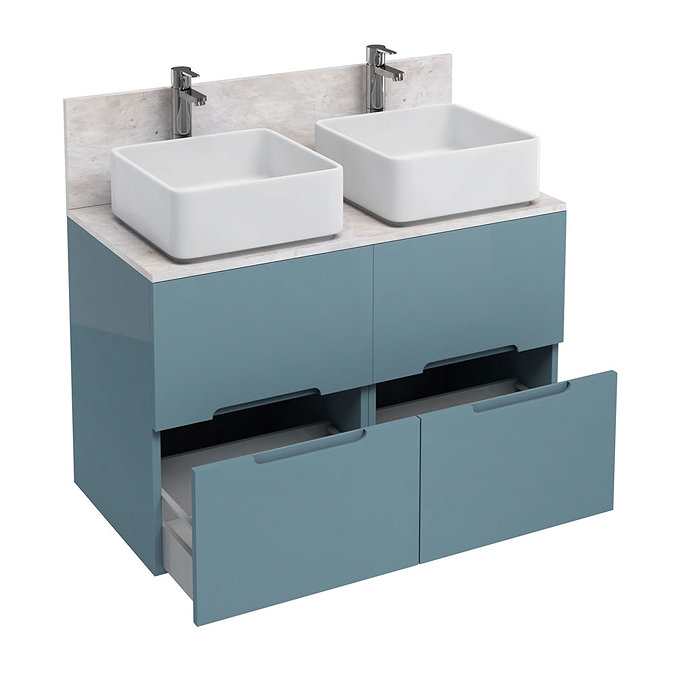 Aqua Cabinets - D1000 Floor Standing Double Drawer Unit with Two Ceramic Square Basins - Ocean Large