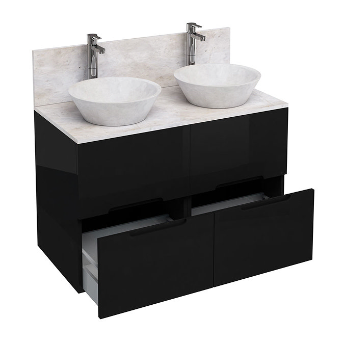 Aqua Cabinets - D1000 Floor Standing Double Drawer Unit with Two Marble Cone Basins - Black Large Im