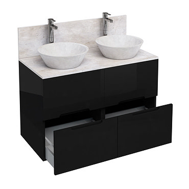 Aqua Cabinets - D1000 Floor Standing Double Drawer Unit with Two Marble Cone Basins - Black Profile 