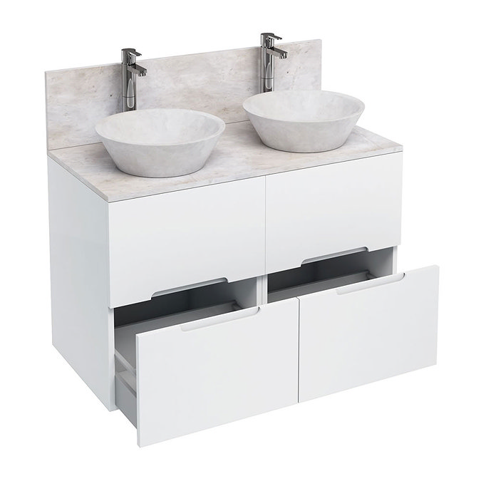 Aqua Cabinets - D1000 Floor Standing Double Drawer Unit with Two Marble Cone Basins - White Large Image