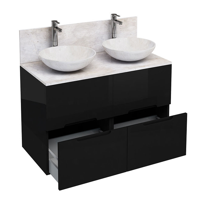 Aqua Cabinets - D1000 Floor Standing Double Drawer Unit with Two Marble Round Basins - Black Large I
