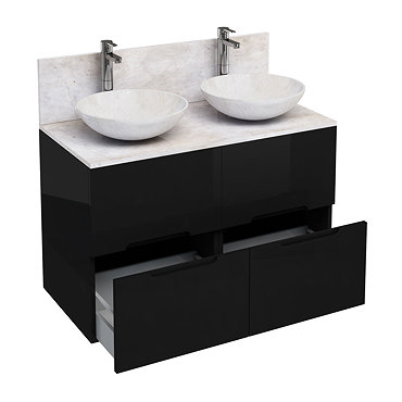 Aqua Cabinets - D1000 Floor Standing Double Drawer Unit with Two Marble Round Basins - Black Profile