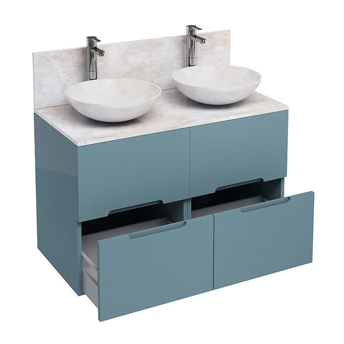 Aqua Cabinets - D1000 Floor Standing Double Drawer Unit with Two Marble Round Basins - Ocean Large I