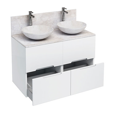 Aqua Cabinets - D1000 Floor Standing Double Drawer Unit with Two Marble Round Basins - White Profile Large Image