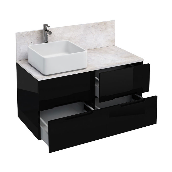 Aqua Cabinets - D1000 Wall Hung Double Drawer Unit with Ceramic Square Basin - Black Large Image