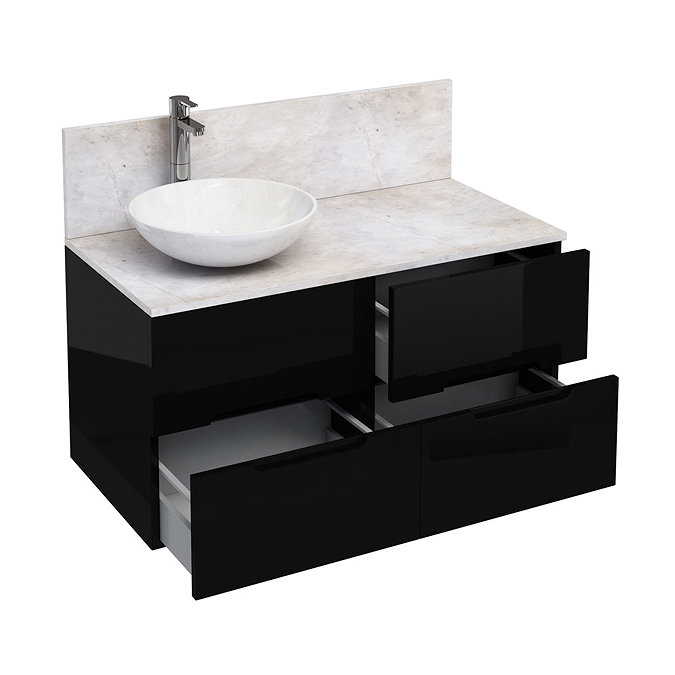 Aqua Cabinets - D1000 Wall Hung Double Drawer Unit with Marble Round Basin - Black Large Image