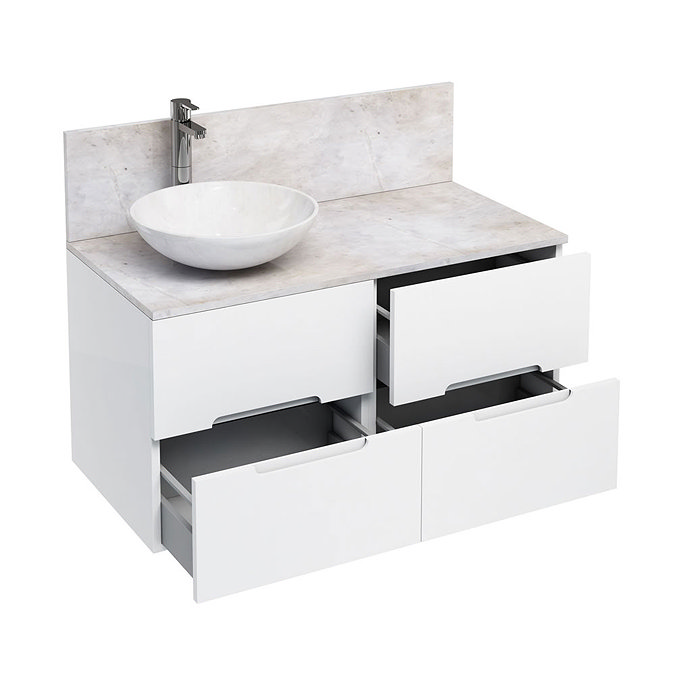 Aqua Cabinets - D1000 Wall Hung Double Drawer Unit with Marble Round Basin - White Large Image
