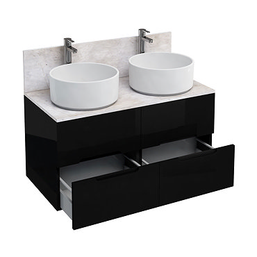 Aqua Cabinets - D1000 Wall Hung Double Drawer Unit with Two Ceramic Round Basins - Black Profile Lar