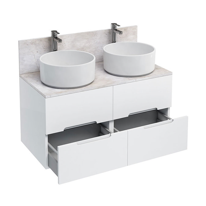 Aqua Cabinets - D1000 Wall Hung Double Drawer Unit with Two Ceramic Round Basins - White Large Image