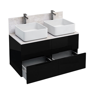 Aqua Cabinets - D1000 Wall Hung Double Drawer Unit with Two Ceramic Square Basins - Black Profile La