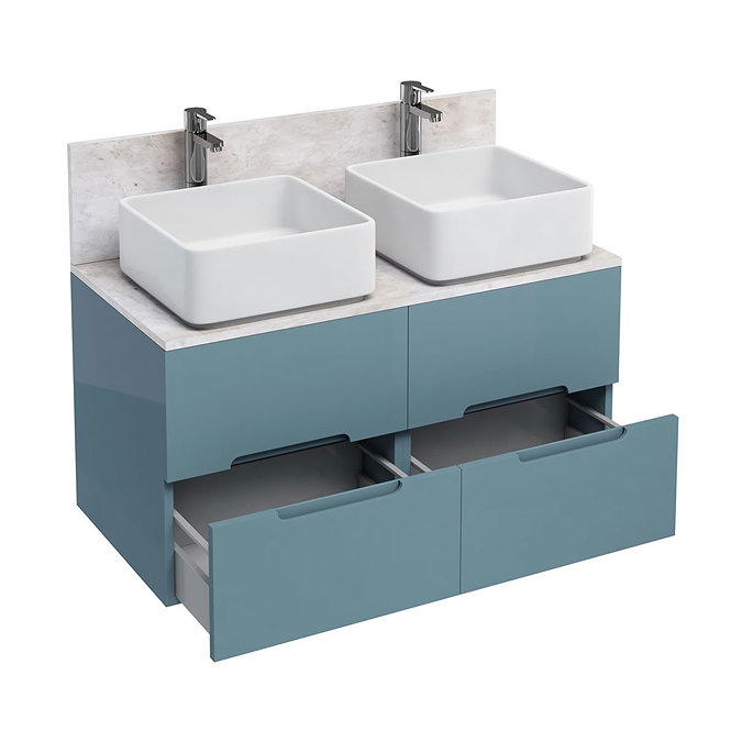 Aqua Cabinets - D1000 Wall Hung Double Drawer Unit with Two Ceramic Square Basins - Ocean Large Image