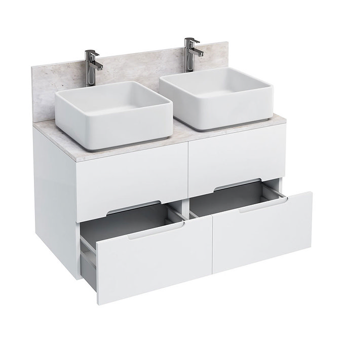Aqua Cabinets - D1000 Wall Hung Double Drawer Unit with Two Ceramic Square Basins - White Large Image