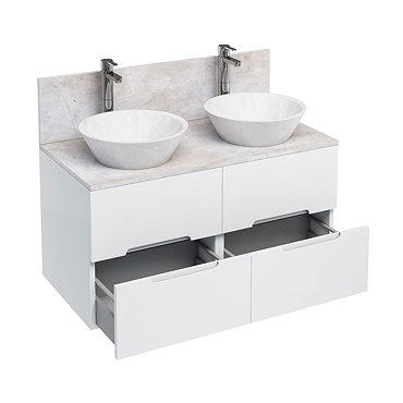 Aqua Cabinets - D1000 Wall Hung Double Drawer Unit with Two Marble Cone Basins - White  Profile Larg