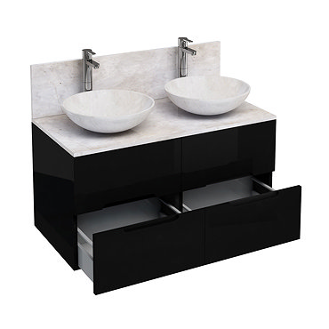 Aqua Cabinets - D1000 Wall Hung Double Drawer Unit with Two Marble Round Basins - Black Profile Larg