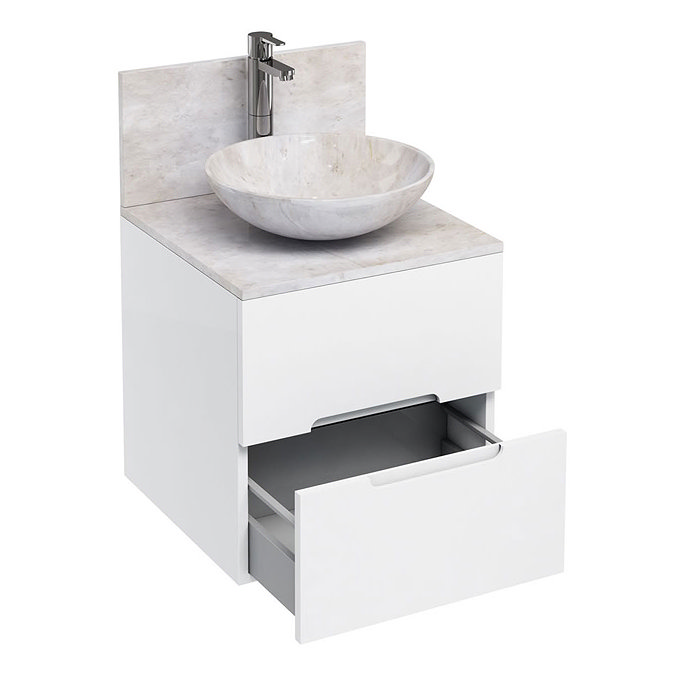 Aqua Cabinets - D500 Wall Hung Double Drawer Unit with Marble Round Basin - White Large Image