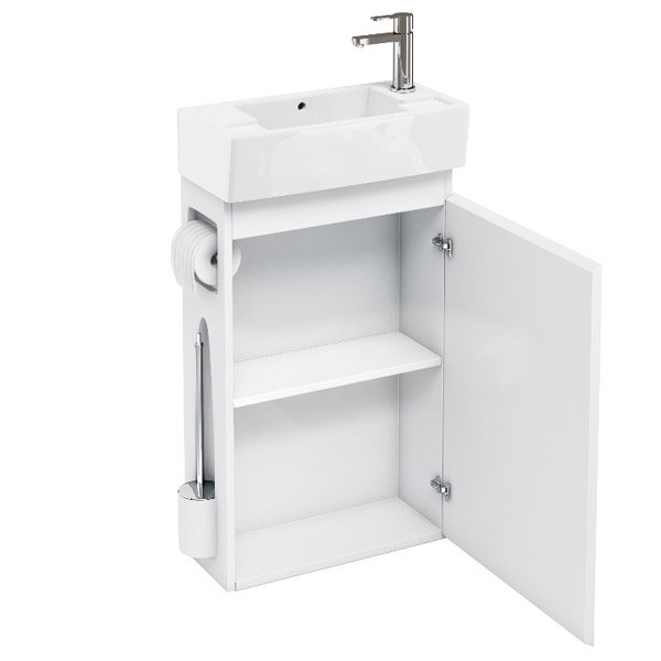 Aqua Cabinets - W505 x D252mm ALLinONE Unit w/ Basin, Brass WC Brush & Toilet Paper Holder - White P