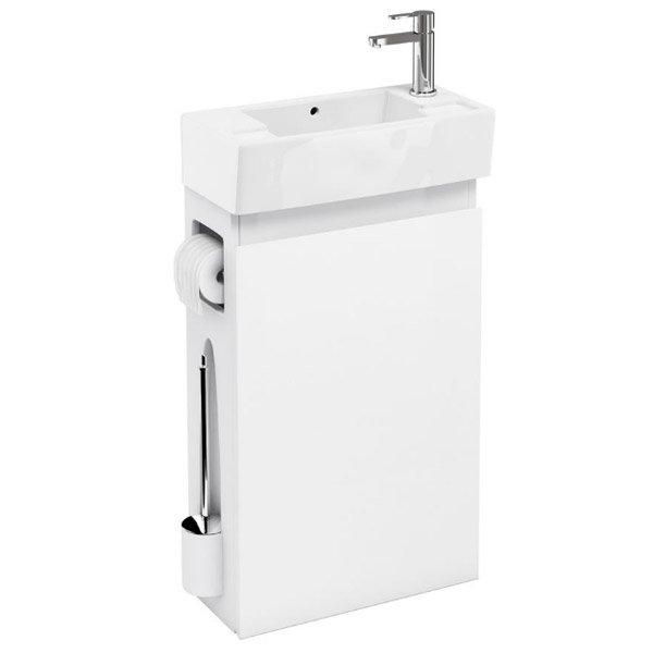 Aqua Cabinets - W505 x D252mm ALLinONE Unit w/ Basin, Brass WC Brush & Toilet Paper Holder - White L