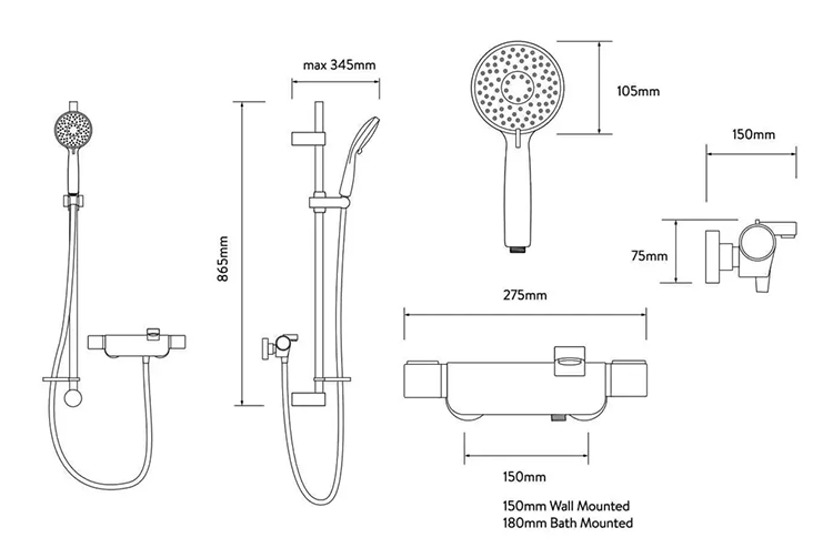Aqualisa Midas 220 Thermostatic Bath Shower Mixer with Slide Rail Kit